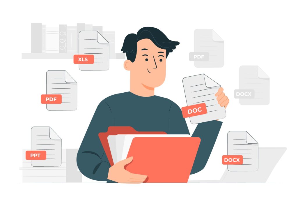 Hombre con una carpeta en la mano, simbolizando los documentos electrónicos en diferentes formatos como PDF o WORD.